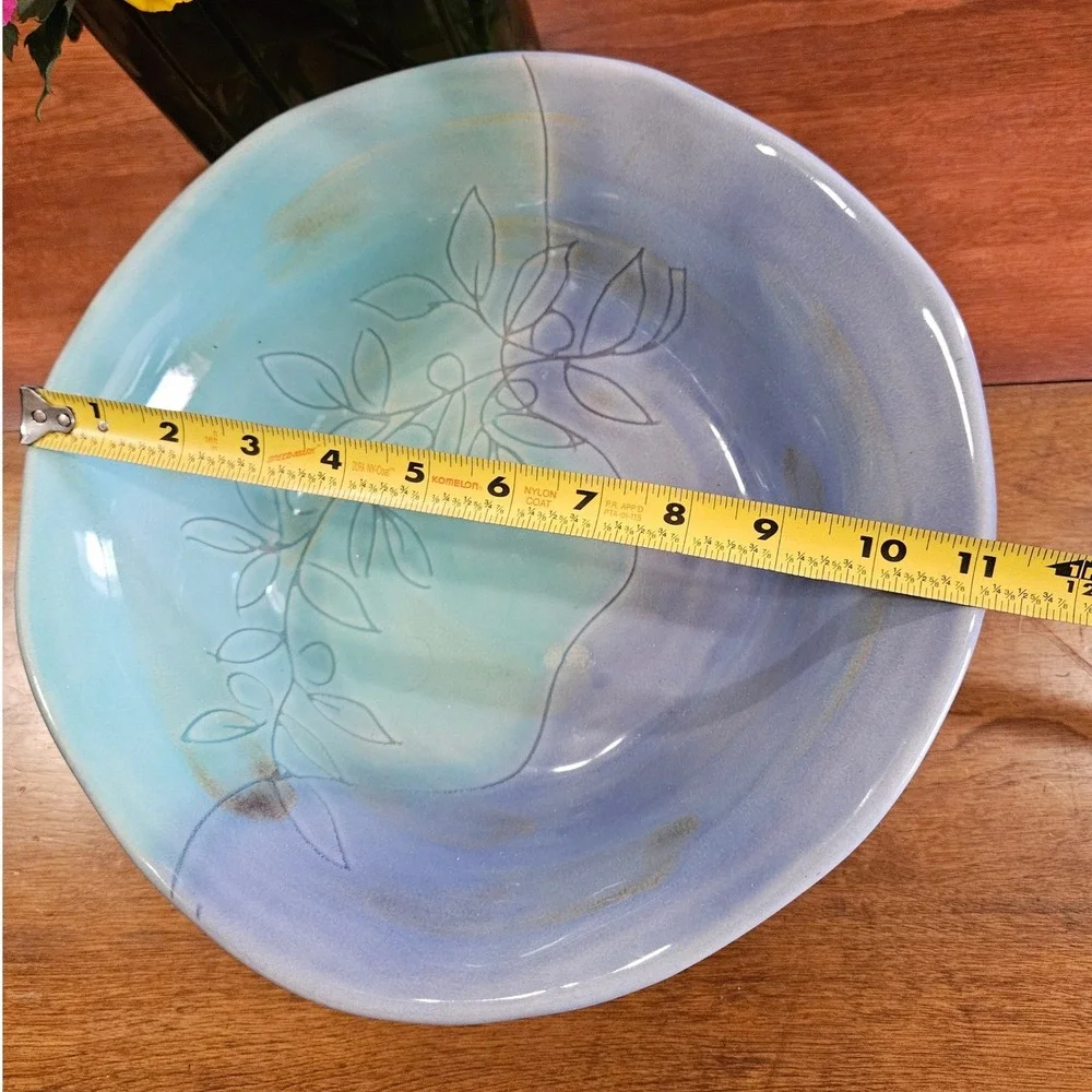 Vtg Italian Pottery Centerpiece Bowl Blue Aqua Freeform Incised Floral Italy 11